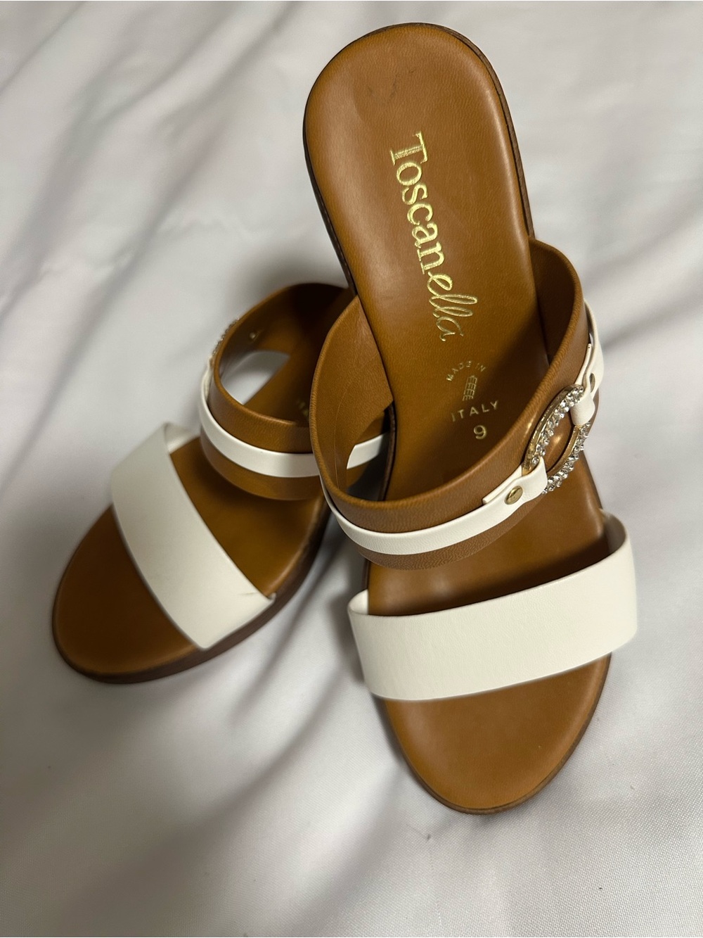 Toscanella White Leather Slide Mules with Rhinestone Accent made in Italy size 9